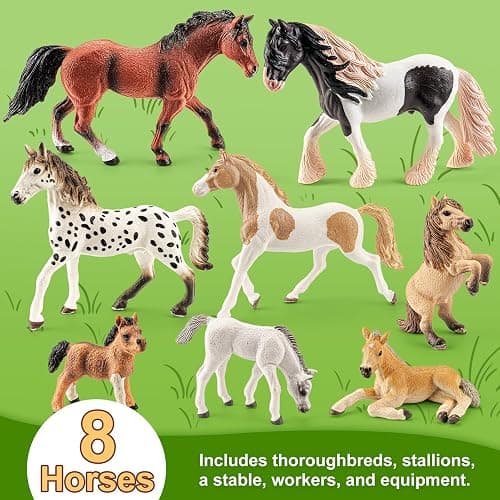 THINKBAY 47PCS Horse Toys Stable Playset with Farm Fences for Girls Boys, Solid Plastic Horse Stable with a Handle, Farm Animal Barn Toys Horse Figurines for Kids, Birthday Gift Cake Toppers thumbnail 2