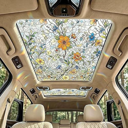 Stained Vintage Sunroof Decal for Car,17.72 × 47.24in Flower/Plant Decal Film Floral Rainbow Effect, Static Clings Stained Glass Window Privacy Film,Sun Protection for Living Room, Car Sunroof - Image 1