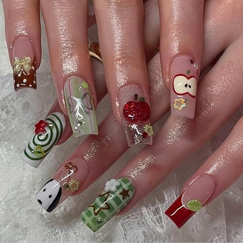 Auroriel 24 Stück Lange Quadratische Press on Nägel Rote und Grüne French Tips mit Glitzer Apfel und Welpen Design Sommer Party Nail Art Wiederverwendbar - Image 1