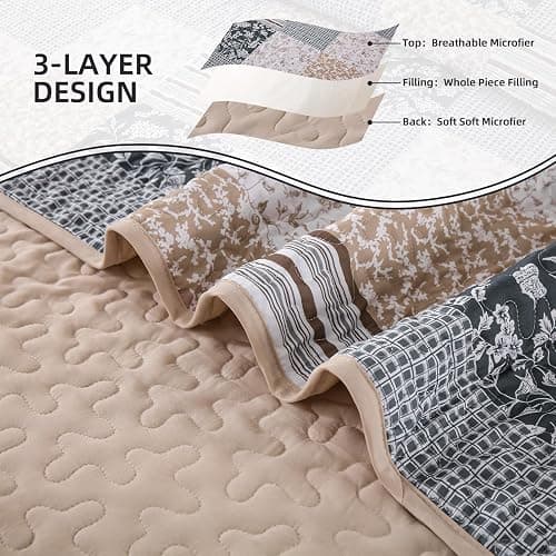 Mybedsoul Patchwork Quilt Set Queen Size, 3 Pieces Blue Brown Floral Plaid Bedspread Coverlet Set, Reversible Soft Microfiber Bedding Set for All Season, Fall Winter Queen 90"x96" thumbnail 5