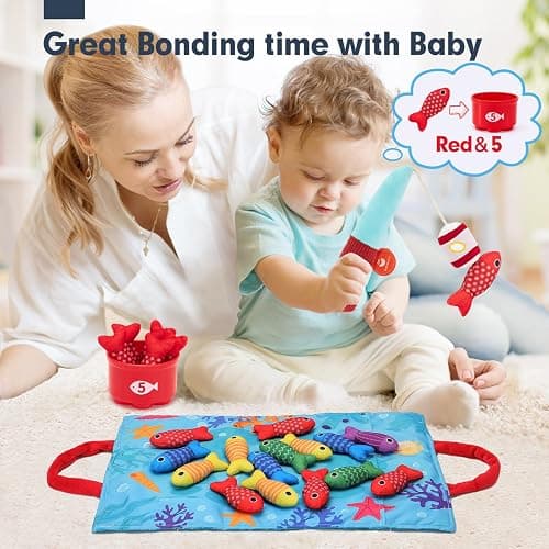 hahaland Montessori Toys for 1 Year Old Boy Girl Birthday Gift - 10 in 1 Cloth Fishing Game Easter Basket Stuffers for Toddler Toys 1-3 with Stacking Cups - Number Counting, Color Sorting Learning thumbnail 9