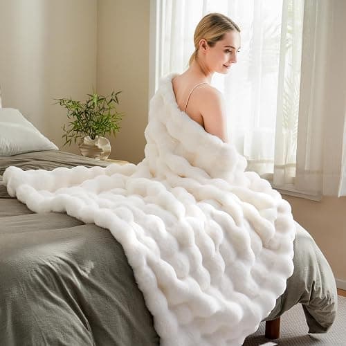 BENVWE Faux Fur Throw Blanket for Couch Bed - Fluffy Soft Thick Bubble Blanket for Living Room Home Decor - Mothers Day Birthday Gifts for Women, Cream White, 63" x 80" thumbnail 4