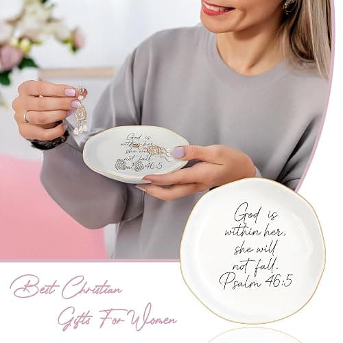 MQPPKJ Christian Gifts for Women, Bible Verse Ceramic Jewelry Dish Trinket Ring Tray, Inspirational Floral Gift for Mom Sister Friend Birthday Christmas-God is within Her Psalm 46: 5 (White-46:5) thumbnail 7
