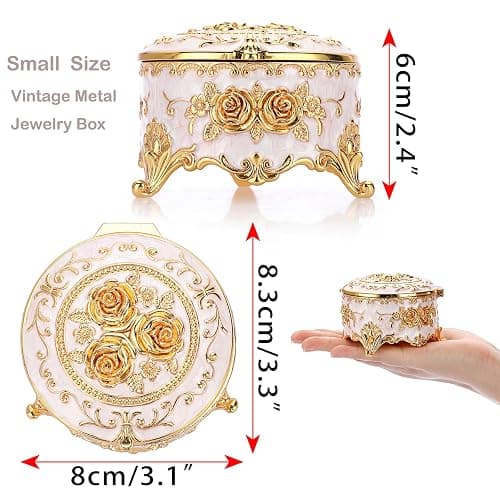 Hipiwe Vintage Round Jewelry Box Small Metal Trinket Storage Organizer | Gold Chest Ring Case Treasure Boxes Keepsake Boxes Earrings Necklace Storage Box Gift for Women thumbnail 3