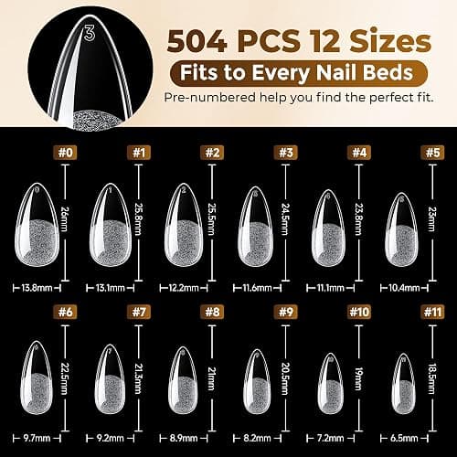 UNA GELLA Almond Gel Nail Tips, 504PCS Pre Etched Clear Fake Nails Tips Medium Almond Shape - 12 Sizes Full Cover Soft Acrylic Press On Nail Extensions No C Curve Gift for Diy at Home thumbnail 8