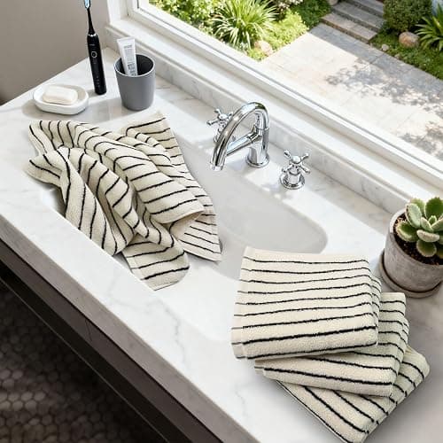 Hand Towels 4 Pack, Cotton Face Towels for Bathroom & Spa Days, Decorative Black Stripes for Kitchen Decor, 14” x 29” thumbnail 2