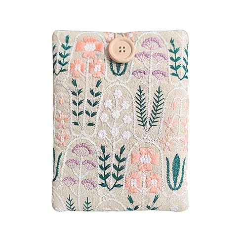 Embroidered Floral Kindle Sleeve - Compatible with Paperwhite/Basic (6''), Paperwhite (6.8''), Signature (6.8'') - Linen and Cotton Padded E-Reader Cover (Pastel Garden) - Beige - Pastel Garden
