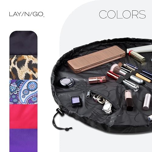 Lay-n-Go Cosmo Layflat Cosmetic & Makeup Bag Organizer - Portable Drawstring Bag w/Zipper Pocket, Brush Storage Loops & More - Durable, Machine Washable Toiletry Bag for Travel (22", Black) thumbnail 8