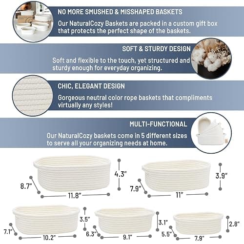NaturalCozy 5-Piece Rectangle Storage Basket Set- Cotton Rope Woven Baskets for Organizing! Small Basket for Montessori, Baby Nursery, Dog Toy Baskets, Cat Toy Box, Bathroom Organization Bin thumbnail 3