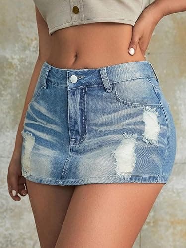 Women 90S Vintage Preppy Ripped Slant Pocket Denim Mini Skort Street Skinny Shorts Mujer thumbnail 3