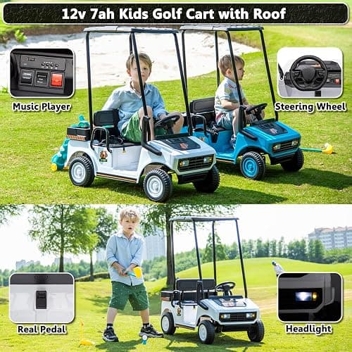 12V Golf Cart for Kids Boys Girls 2 Seater Electric Ride on Toys, White | Detachable Sunshade Roof, 2WD, With Remote Control, Music Player, for Kids 3-5, Max Load 100 Lbs thumbnail 4