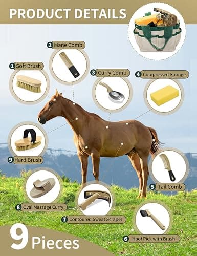 inoreal Professional 9 Piece Horse Grooming Kit with Tote Bag, Horse Brush & Curry Comb Set for Effective Grooming and Bathing, Equine Coat Care Tack Room Supplies, Horse Gifts for Girls thumbnail 3