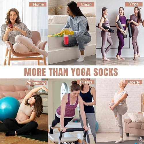 Toes Home Pilates Socks for Women with Non Slip Grippers, Yoga Crew Socks for Barre Hospital Sticky Slipper Socks 4 Pairs thumbnail 7