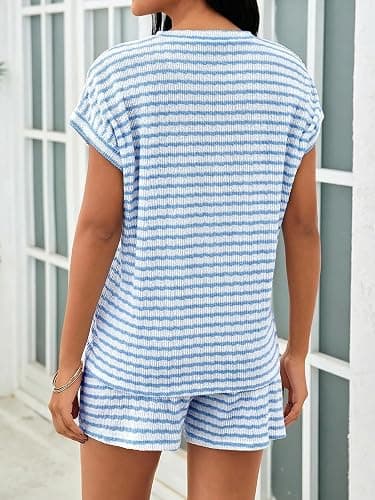 Tankaneo Womens Striped Summer 2 Piece Short Sets | Short Sleeve T Shirts, Drawstring Shorts, Casual Outfits, Lounge Pajama Sets thumbnail 5