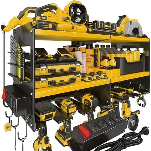 Spampur Large Power Tool Organizer Wall Mount with Charging Station, 3 Layer Heavy Duty Metal Tool Storage Rack Loads 420lbs with 6 Cordless Drill Holder, Utility Rack Loads with 4 Power Strip - Image 1