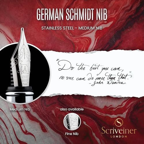 Scriveiner Deep Crimson Red Fountain Pen - Stunning Luxury Pen with Chrome Finish, Schmidt Nib (Medium), Best Pen Gift Set for Men & Women, Professional, Executive, Office, Nice Pens thumbnail 5
