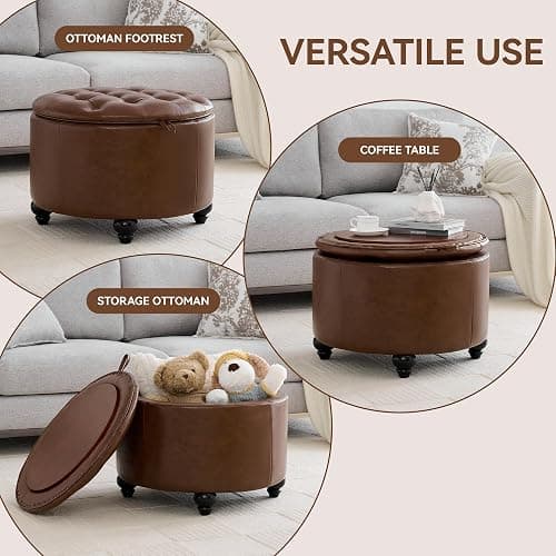 WUTUTUEE 24Inch Round Storage Ottoman with Tray, Modern Tufted Leather Circle Coffee Table with Storage, Upholstered Ottoman with Removable Top for Living Room, Bedroom, Leather Coffee thumbnail 5