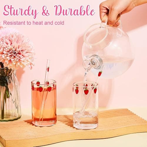 Tessco for you 2 Sets Strawberry Cups Nana Strawberry Glass Cup with Straw Glass Tumbler Drinking Cherry Clear Tumbler Berry Pattern Glasses Bottle for Juice Water Milk Coffee Tea(Lovely) thumbnail 2