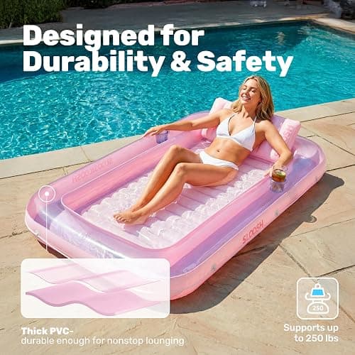 SLOOSH Inflatable Tanning Pool Lounger Float, 70" x 46" Pool Floats Adult with Pillow, 4 in 1 Suntan Tub Raft Floatie,Sunbathing Bed Lounge for Water Blow Up Ball Pit Party Gifts, L-Purple Pink thumbnail 5