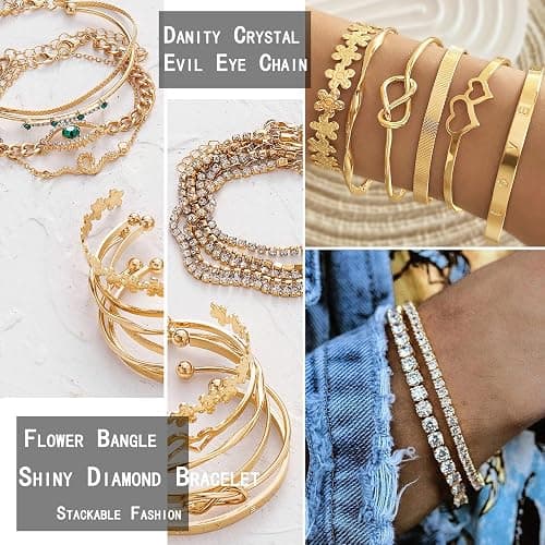 17IF 38-59 Pcs(9-8 Pack) Gold Plated Jewelry Set for Women With 8 Necklace 12 Bracelet 27 Ring 12 Pair Earring Hoop Simple Sparkle for Happy thumbnail 3
