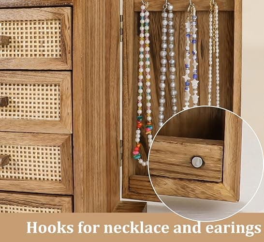Jewelry Organizer, Rattan Jewelry Box, 5 Layer Wooden Jewelry Organizer Box with Mirror, Jewelry Boxes with 4 Drawers for Women Men, Jewelry Storage for Rings Earrings Necklaces Bracelets Watch thumbnail 7
