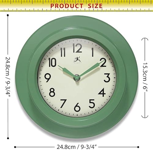 Infinity Instruments 9.75 Inch Retro Escape Midcentury Modern Indoor Round Non-Ticking Silent Battery Operated Easy to Read Wall Clock for Living Room, Bedroom, Kitchen, Home Office, Green thumbnail 3