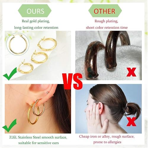 LOYALLOOK Gold Hoop Earrings Set Stainless Steel Rounded Small Hoop Earrings Set for Women Cute Huggie Earrings Nickel Free 10/12/15/20MM thumbnail 3