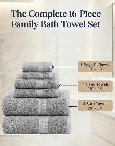 100% Cotton Bath Towels Set Soft Absorbent Quick Dry 16 Piece - Grey | Towels for the Bath, Absorbent & Durable, Ring-Spun, Ideal for Home & Spa, with OEKO-TEX thumbnail 4
