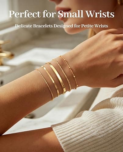 Dainty Gold Bracelet for Women Trendy Non Tarnish, Thin Bracelets Stackable Set with Bangle Cuff, Box, Herringbone, Paperclip, Figaro, Sparkling Link Chains Waterproof, Simple Jewelry Gifts for Women thumbnail 3