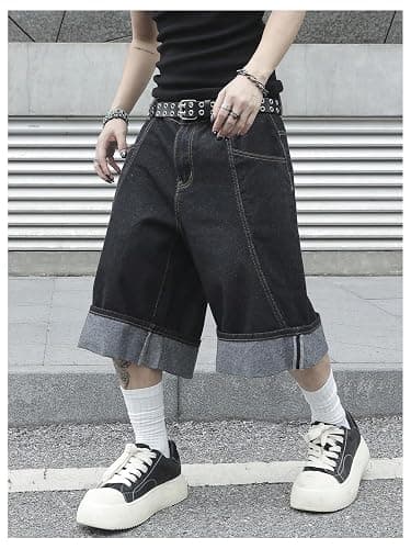 VIPWOLF Men's Jorts Y2K Jean Shorts Wide Leg Grunge Streetwear Bermuda Roll Up Hem Baggy Denim Shorts thumbnail 5