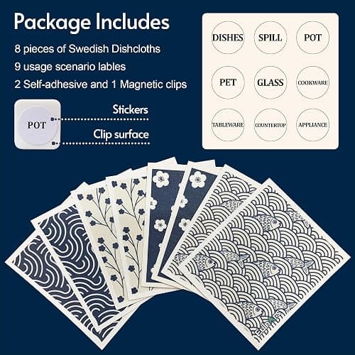 Eulnars Swedish Dishcloths for Kitchen, 8 Pack Japanese Pattern Reusable Paper Towels with Clips, Non-Scratch Swedish Dish Towels, Super Absorbent Cellulose Dish Cloths, No Odor thumbnail 6