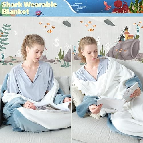 QUSLLIS Shark Blanket - Blanket - Made of Super Soft, Cosy Flannel with Hood, Jumpsuit, Hoodie, Shark Sleeping Bag, Portable Blanket for Adults and Children, XL thumbnail 5
