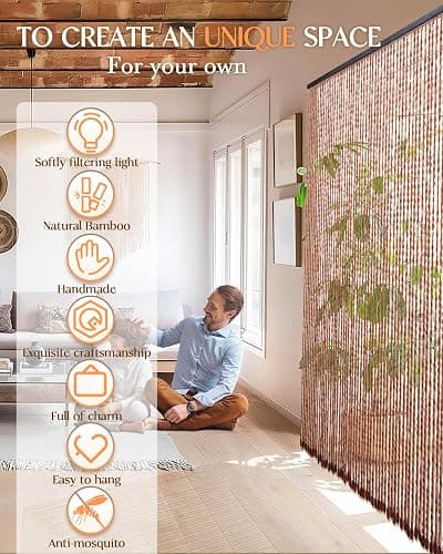 Erfolkerz 52 Strands Beaded Curtain for Doorways -35.4"x79"- Handmade Natural Beaded Curtains，Boho Doorway Wood and Bamboo Bead Curtain-As Insect Screen/Room Divider-Brown thumbnail 5