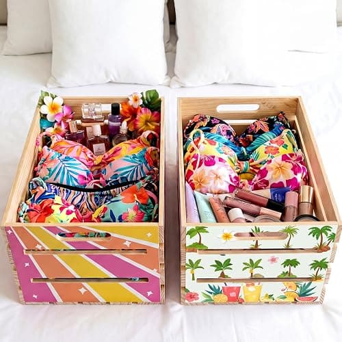 Novabright 2 Pack Large Bikini Box 16x12x9.5in Wooden Crate Box for Swimwear Storage Stackable Bikini Organizer Crate DIY Assembly Summer Pool Party Storage Bin (Tropical,Pink) thumbnail 5
