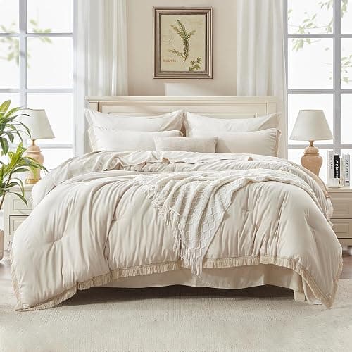Andency Beige Comforter Set Full Size with Sheets -7 Pieces Boho Tassel Bed in a Bag Soft Lightweight Bedding Sets, All Season Fringe Bed Set with Comforter, Sheets, Pillowcases & Shams thumbnail 4