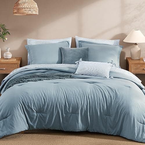 Monbix Queen Comforter Set - 7 Pieces Dusty Blue Prewashed Bed in a Bag Queen Bedding Sets with Comforters, All Seasons Ultra Soft Comforter Bed Set with Sheets,Pillowcases & Shams - Image 1