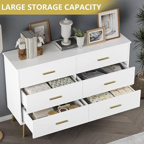White Dresser for Bedroom, Dressers & Chests of Drawers for Clothes Storage, Wood Dresser for Closet with 6 Drawers, Wide Long Clothes Organizer with LED Light for Hallway, Entryway, Metal Handles thumbnail 5