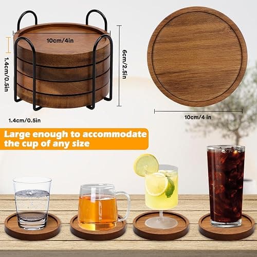 4 Pcs Wood Coasters for Drinks Absorbent, Wooden Coasters with Holder, Drink Coasters for Coffee Table, Absorbent Coaster Set for Table Protection Drink Coasters for Farmhouse, Office, Bar thumbnail 3