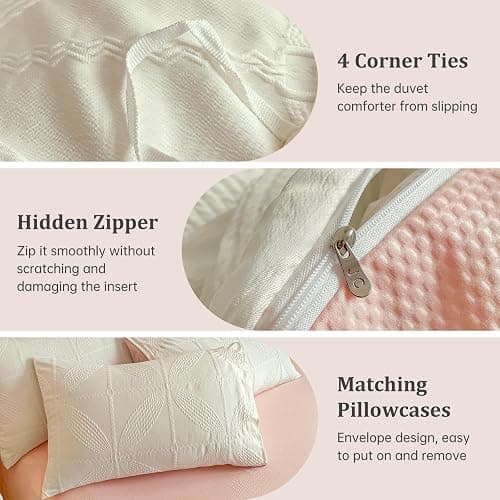Double Duvet Cover Set White Pink Textured Quilt Bedding Set, Four-Leaf Clover Flower Pattern 3 Pieces Reversible Duvet Cover for All Season thumbnail 4