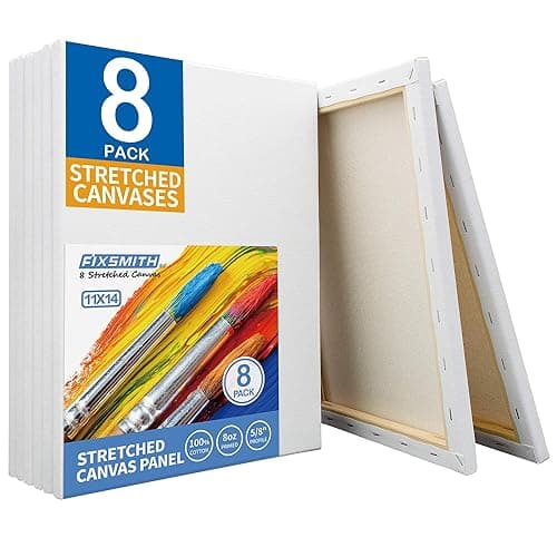 FIXSMITH Stretched White Blank Canvas - 11x14 Inch, 8 Pack, Primed,100% Cotton,5/8 Inch Profile of Super Value Pack for Acrylics,Oils & Other Painting Media - 11"x14" - 8