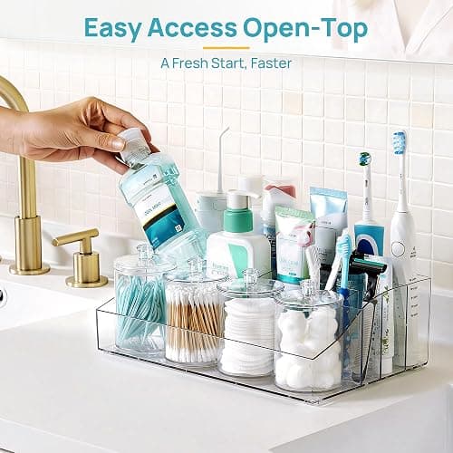 Vtopmart 5 PCS Bathroom Countertop Organizer, 1 Divided Tray with 4 Qtip Holder Jars, Restroom Clear Organizers for Toothbrush, Cotton Pads Balls, Floss, Bathroom Vanity Accessories Storage Set thumbnail 5