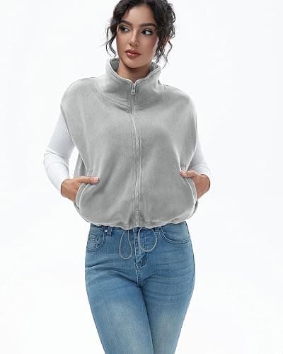 miswek Women's Full Zip Fleece Short Vest Warm Winter Sleeveless Stand Collar Sherpa Crop Coat thumbnail 7