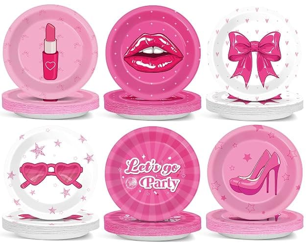 60Pcs 7 Inch Hot Pink Paper Plates Pink Princess Party Supplies Let's Go Party Birthday Decorations Hot Girls Disposable Tableware Dessert Plates for Girls Women Birthday Bachelorette Bridal Shower - Image 1