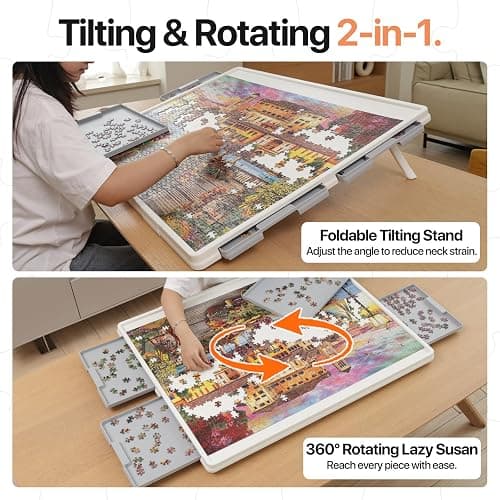WELGEE 1500 Pieces 2-in-1 Tilting & Rotating Puzzle Board with Drawers and Cover, 35"x27" Portable Spinning Plastic Jigsaw Puzzle Table for Adults, Upgraded Lazy Susan thumbnail 4