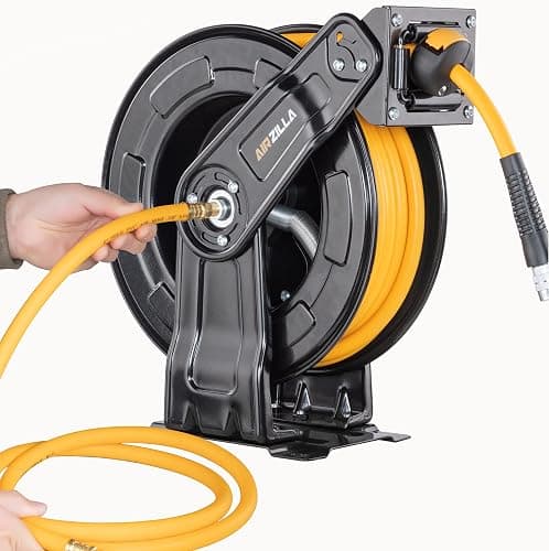 AIRZILLA Premium Steel Retractable Air Hose Reel With Dual Arm, 3/8"x50Ft Hybrid Polymer Hose, Heavy Duty Air Hose Reel included Auto Rewind Reel | Quick Air Coupler | Durable Double side Frame. thumbnail 3