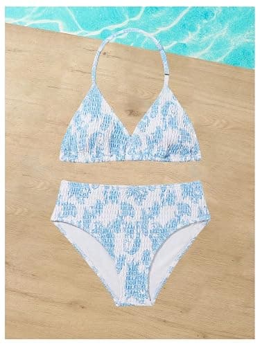 RoseSeek Girl's Tie Dye Smocked 2 Piece Swimwear Sets Backless Halter Bikini Cute Brief Bathing Suit thumbnail 4
