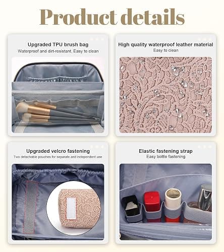 BOYATU Travel Makeup Bags Cosmetic Organizer Bag: 3-Set Large Capacity Make up Bag - PU Leather Toiletry Bags for Women - Wide Open Portable Pouch with Divider & Handle (A-Light Pink) thumbnail 5