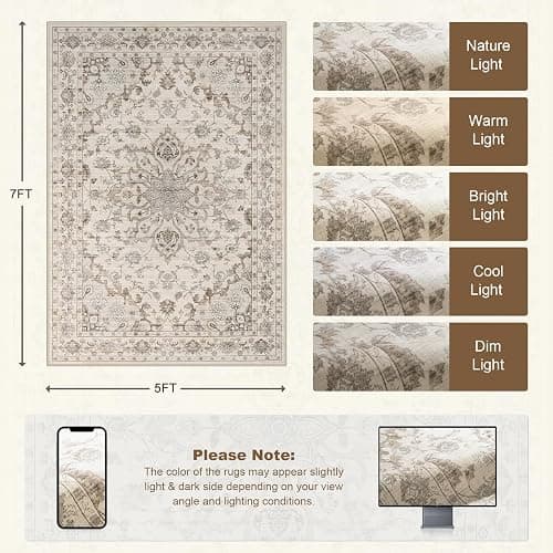 ExpediX 5x7 Area Rugs Living Room: Washable Rug for Bedroom Brown Beige | Boho No Slip Stain Resistant Rug Soft Indoor Decor Floor Floral 5x7 Area Rugs for Dining Room, Nursery, Hallway, Home Office thumbnail 2