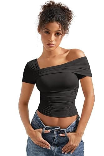 SUUKSESS Women One Off The Shoulder Summer Tank Tops Ruched Short Sleeve Shirts thumbnail 3