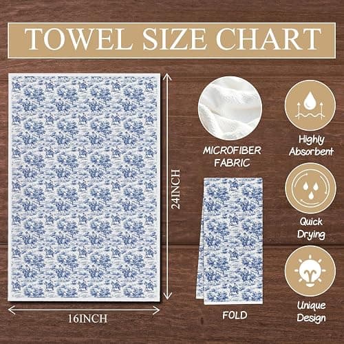 Elefeltclave Chinoiserie Western Cowboy Cowgirl Kitchen Towels, Blue and White Floral Dish Tea Towels for Kitchen, Grandmillennial Vintage Toile Decorative Hand Towel for Bathroom, 16x24 Inch Set of 2 thumbnail 3